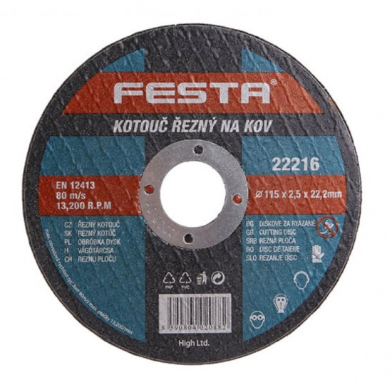 Řezný kotouč na kov 115x2,5x22,2 rovný, FESTA 22216 - N2
