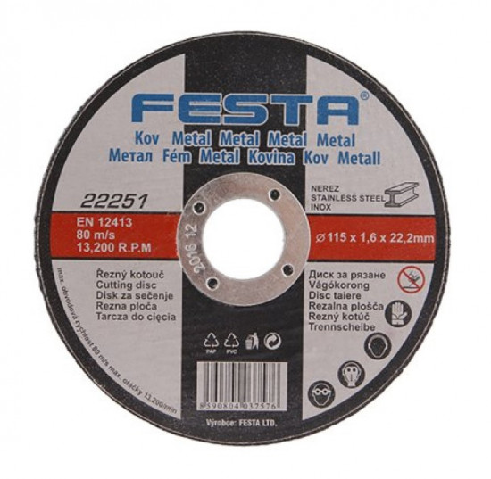 Řezný kotouč na kov 115x1,6x22,2 rovný, FESTA 22251 - N2
